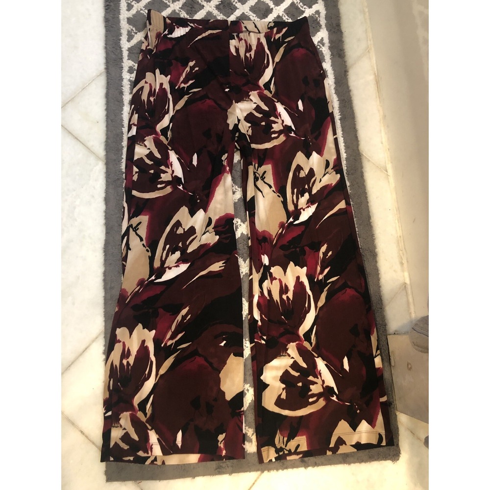 CHICO'S TRAVELERS COLLECTION Slinky Knit PANTS Red Wine Tan Print Sz 2 = 12 - 14
